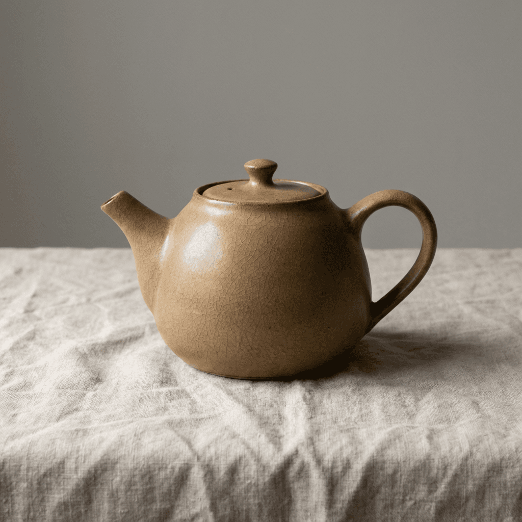 Product photography of a handcrafted ceramic teapot on textured linen fabric, soft diffused studio l