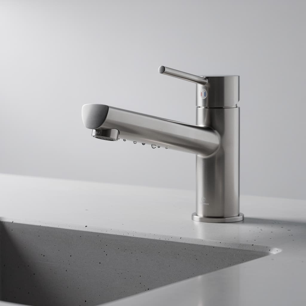 Product photography of a minimalist kitchen faucet mounted on a matte concrete countertop, soft dire