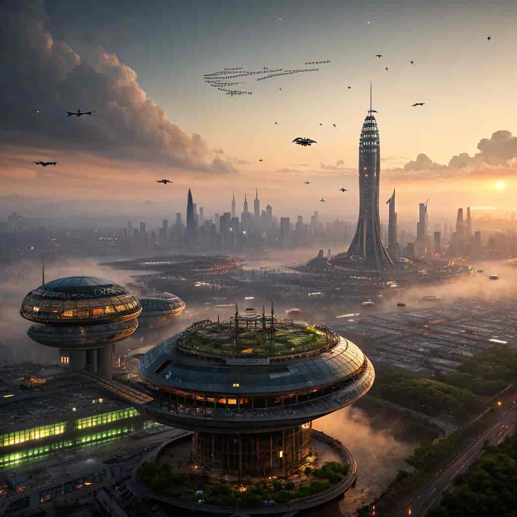 Science fiction concept art of a sprawling metropolis on floating islands at dusk, aerial viewpoint