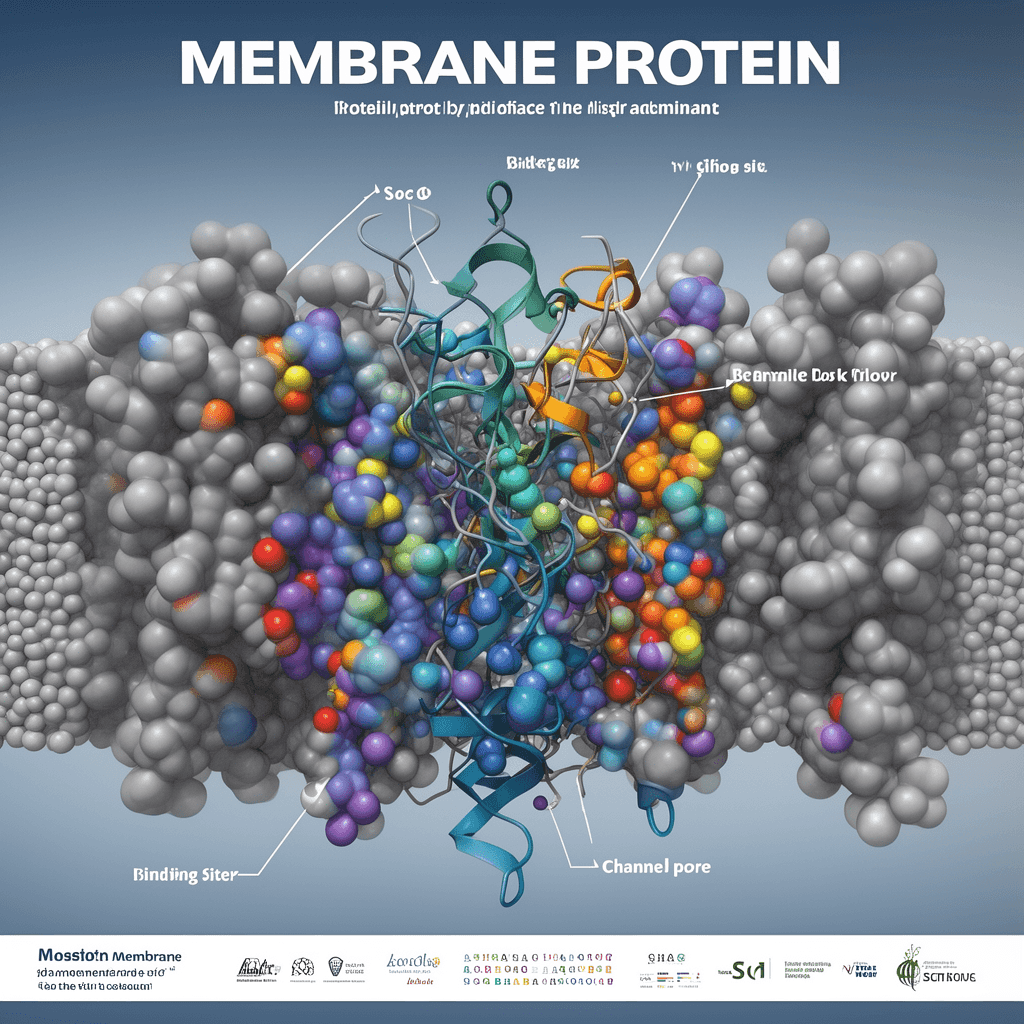Scientific 3D visualization of a membrane protein embedded in a lipid bilayer: space-filling molecul
