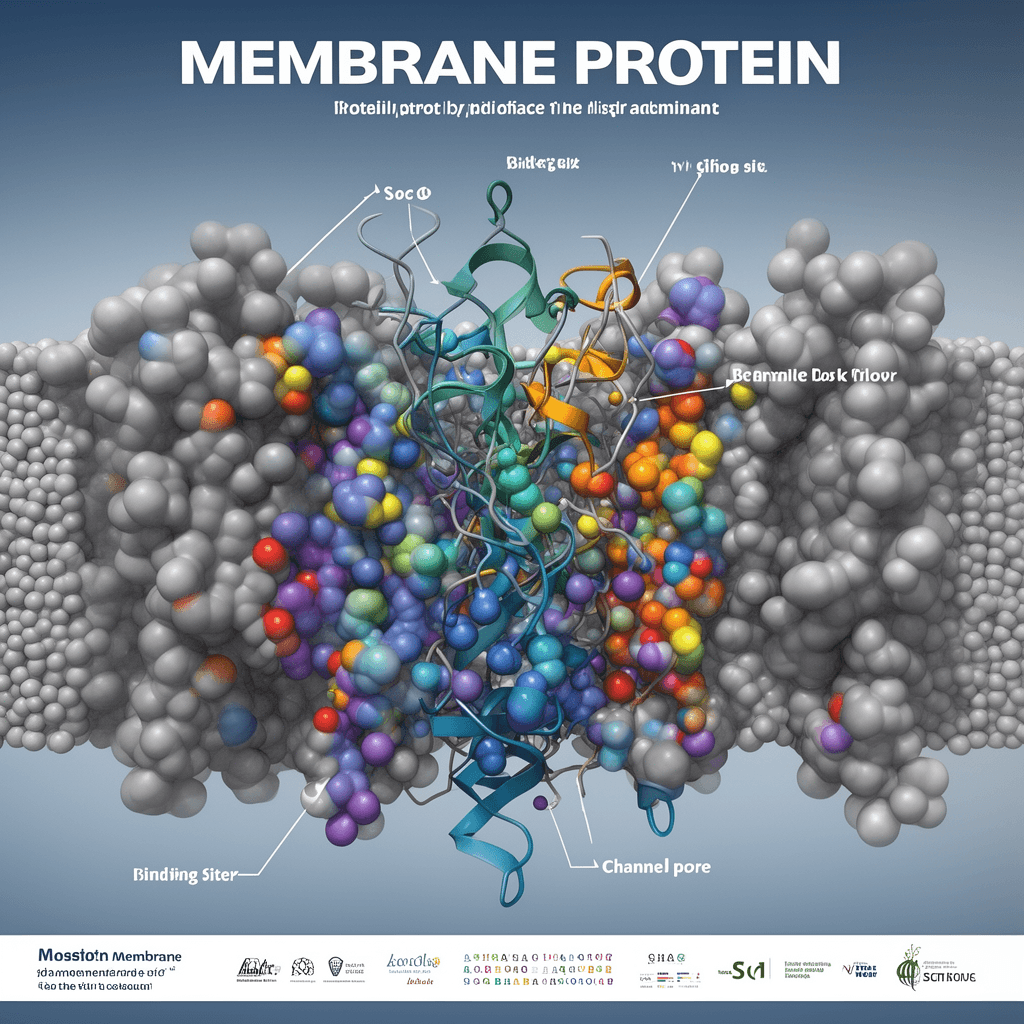 Scientific 3D visualization of a membrane protein embedded in a lipid bilayer: space-filling molecul