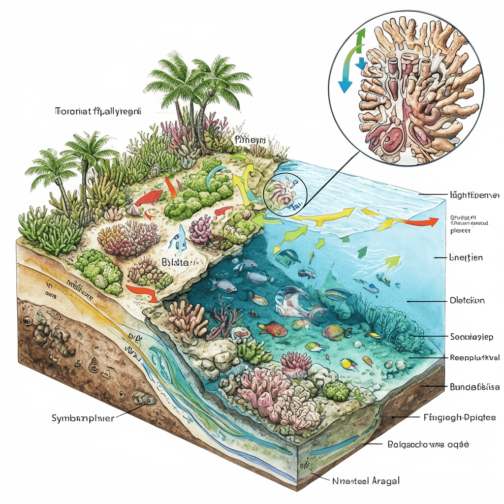 Scientific cross-sectional illustration of a tropical coral reef ecosystem, hand-painted ink and wat