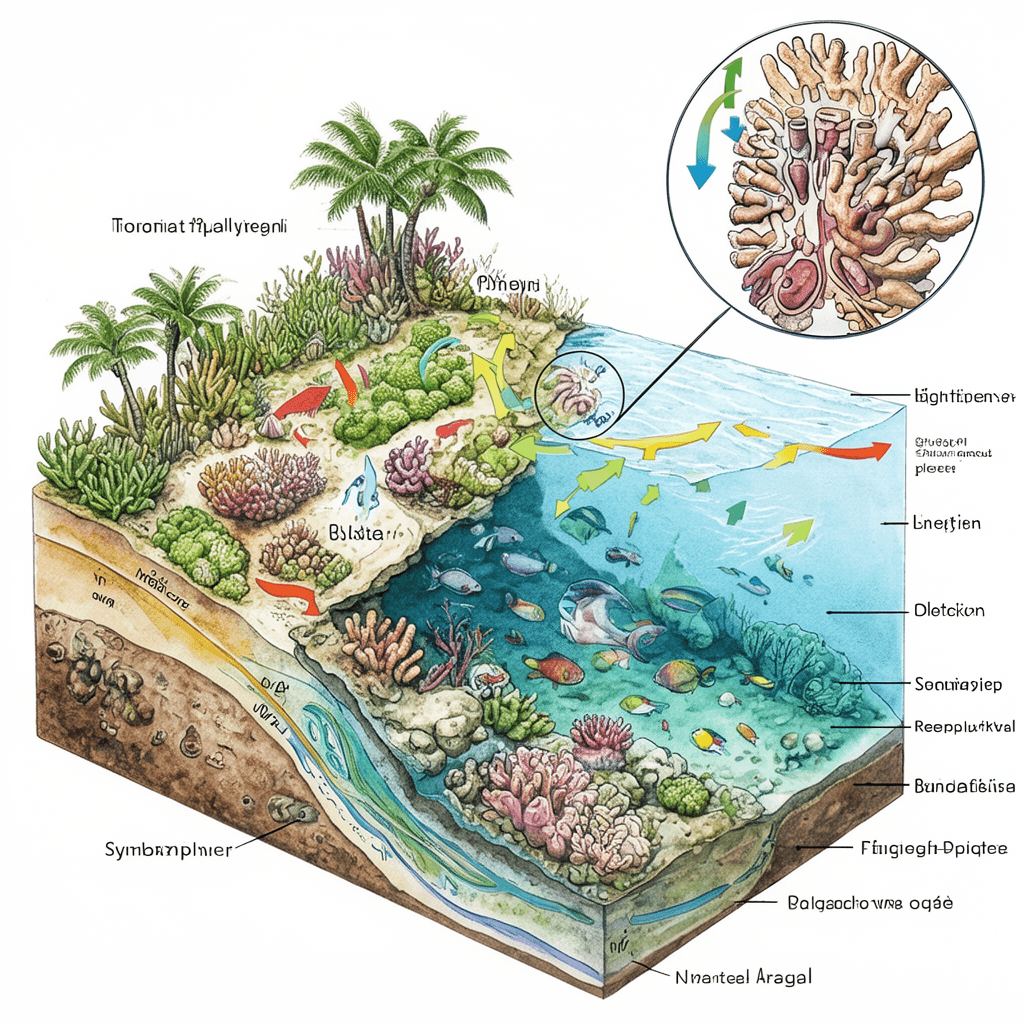 Scientific cross-sectional illustration of a tropical coral reef ecosystem, hand-painted ink and wat