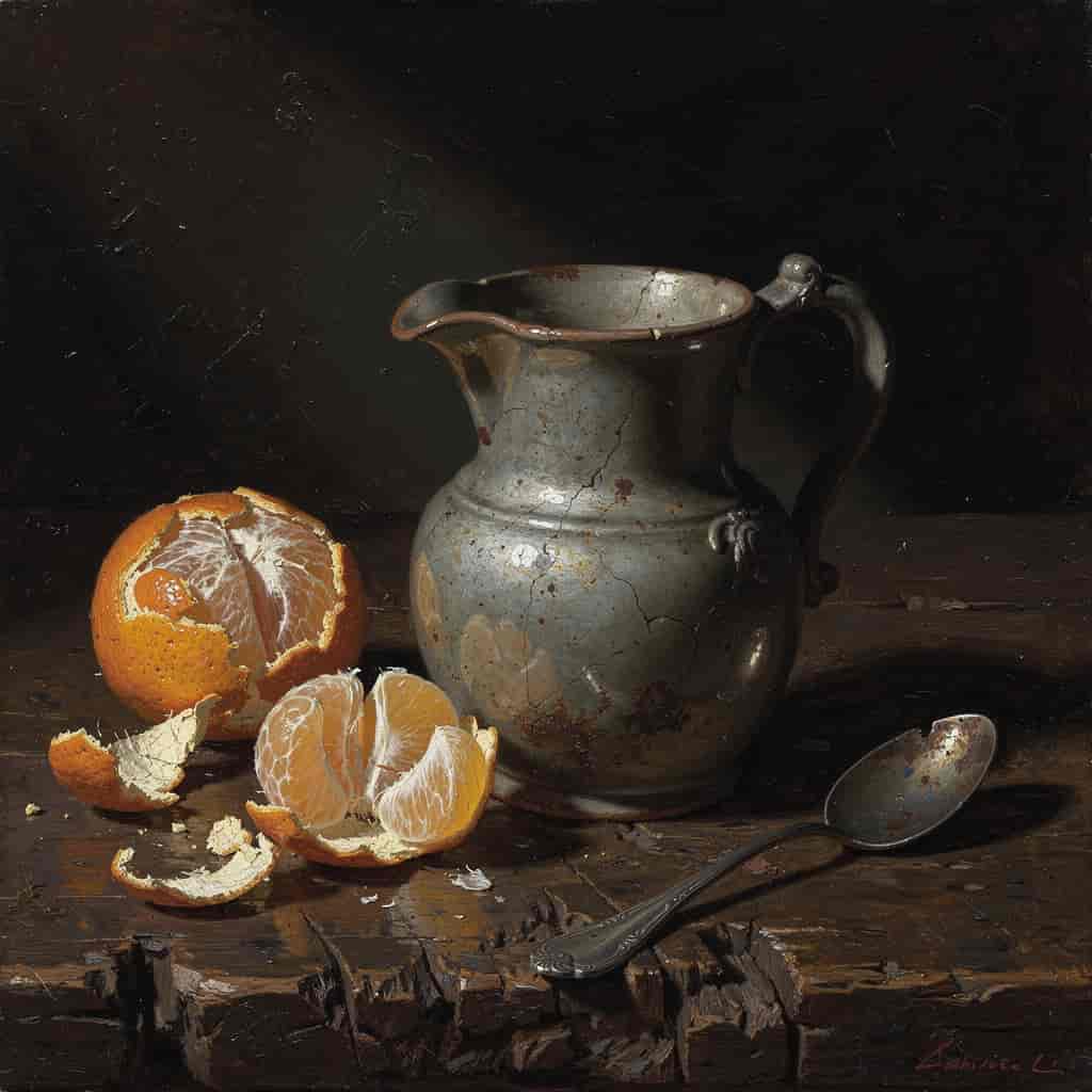 Still life in chiaroscuro style: antique ceramic pitcher, peeled citrus fruits, a tarnished silver s