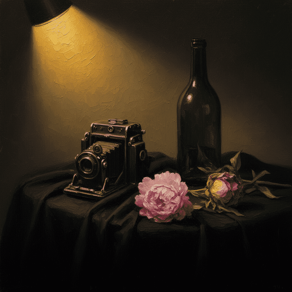 Still-life oil painting study in chiaroscuro: vintage mechanical camera, green glass bottle, wilting