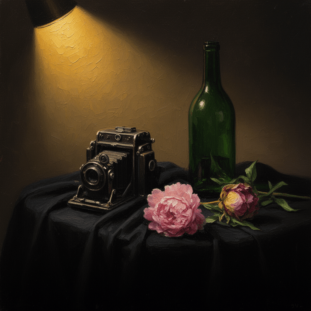 Still-life oil painting study in chiaroscuro: vintage mechanical camera, green glass bottle, wilting