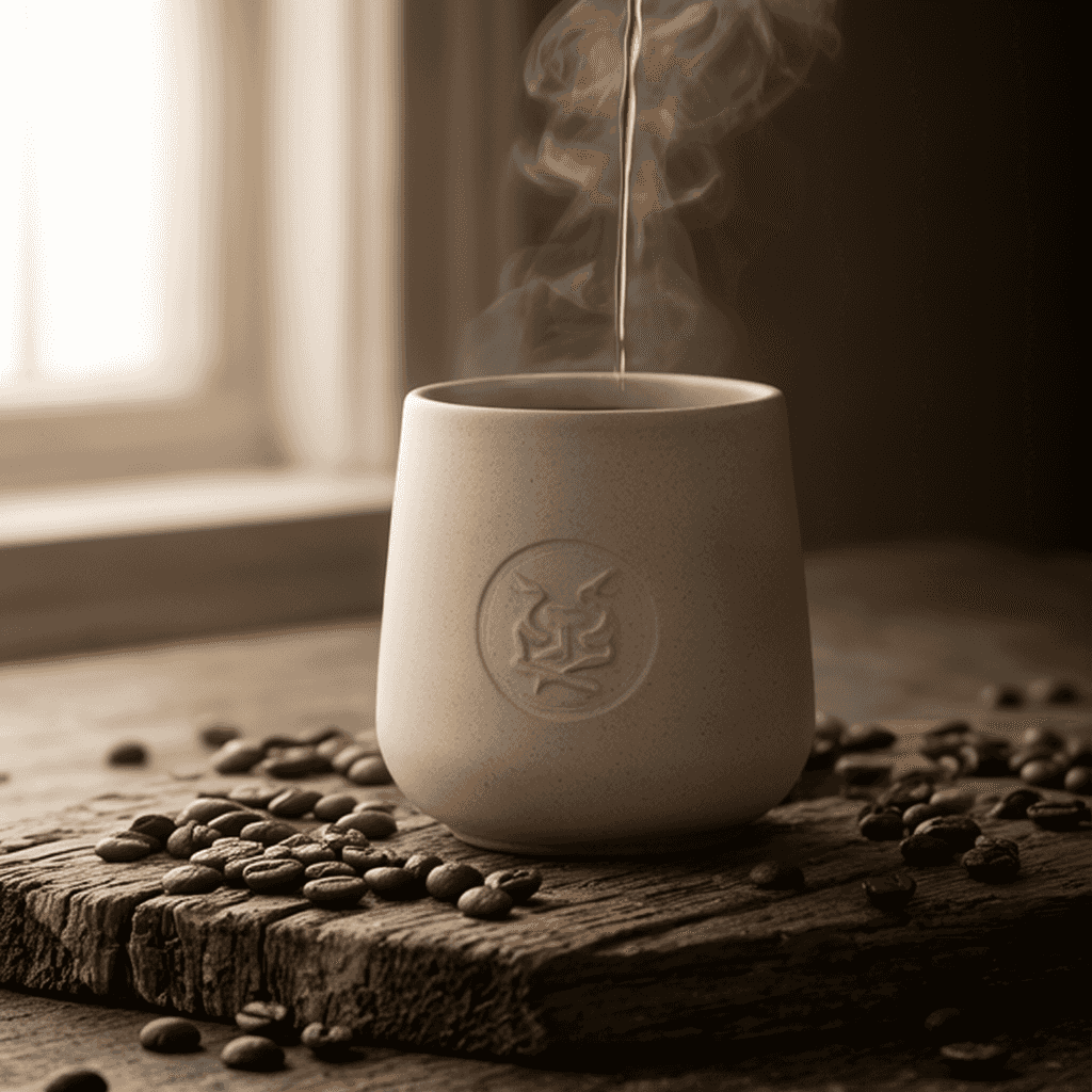 Studio product flatlay photograph of a handmade ceramic coffee tumbler with matte glaze and subtle e