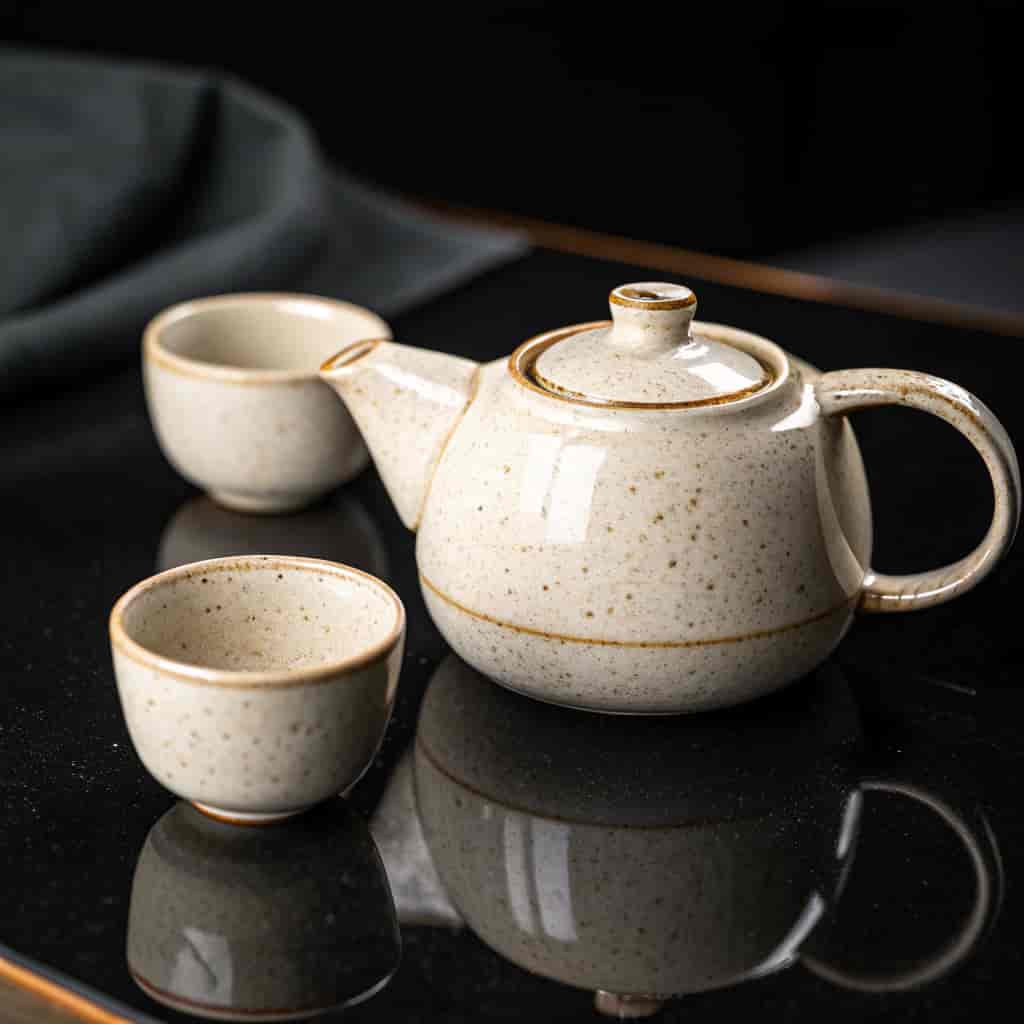 Studio product photograph of a handcrafted ceramic teapot set on a glossy black reflective surface,