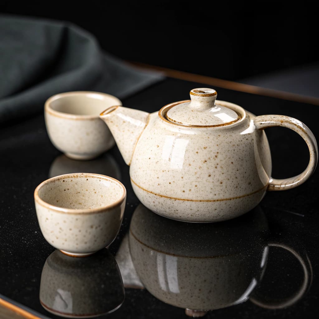 Studio product photograph of a handcrafted ceramic teapot set on a glossy black reflective surface,