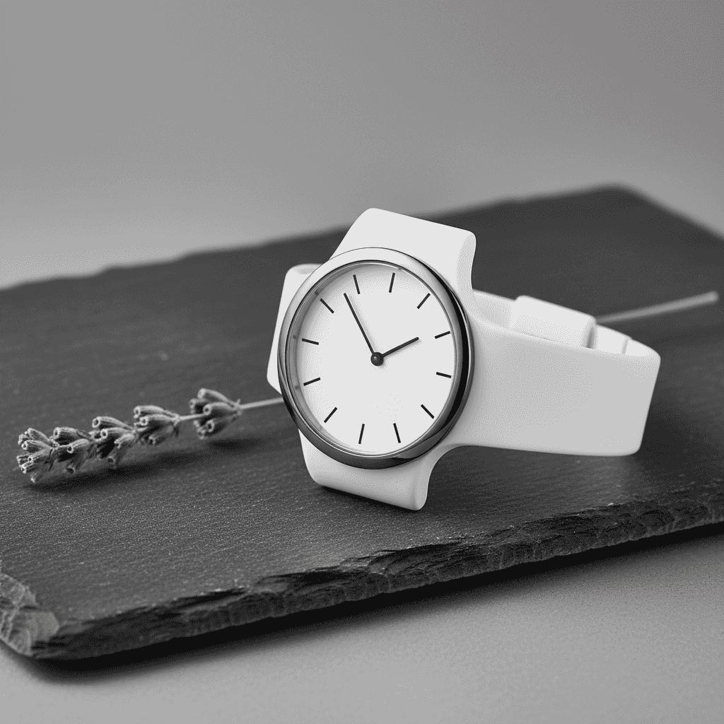 Studio product photograph of a minimalist matte ceramic wristwatch placed on a dark slate slab, soft
