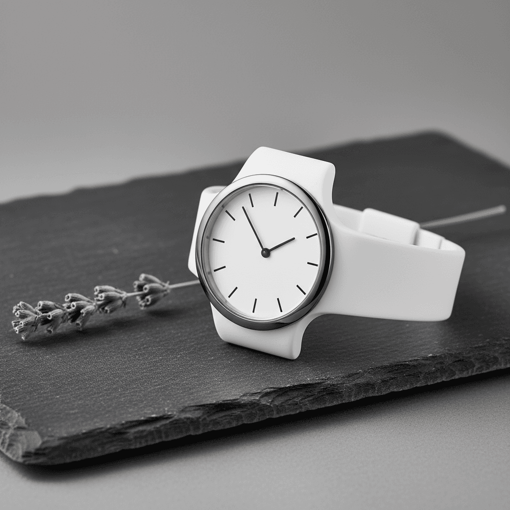 Studio product photograph of a minimalist matte ceramic wristwatch placed on a dark slate slab, soft