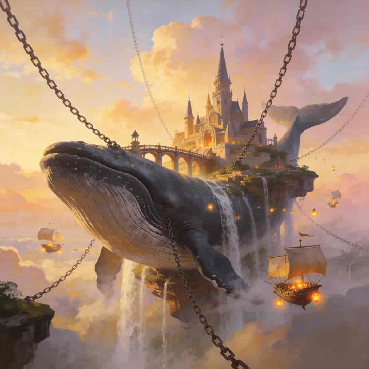 Surreal concept painting of a floating island city anchored to a colossal sleeping whale beneath a s