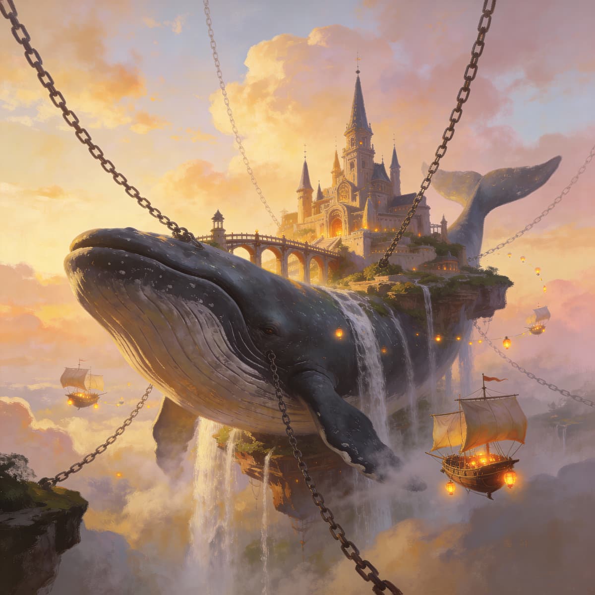 Surreal concept painting of a floating island city anchored to a colossal sleeping whale beneath a s