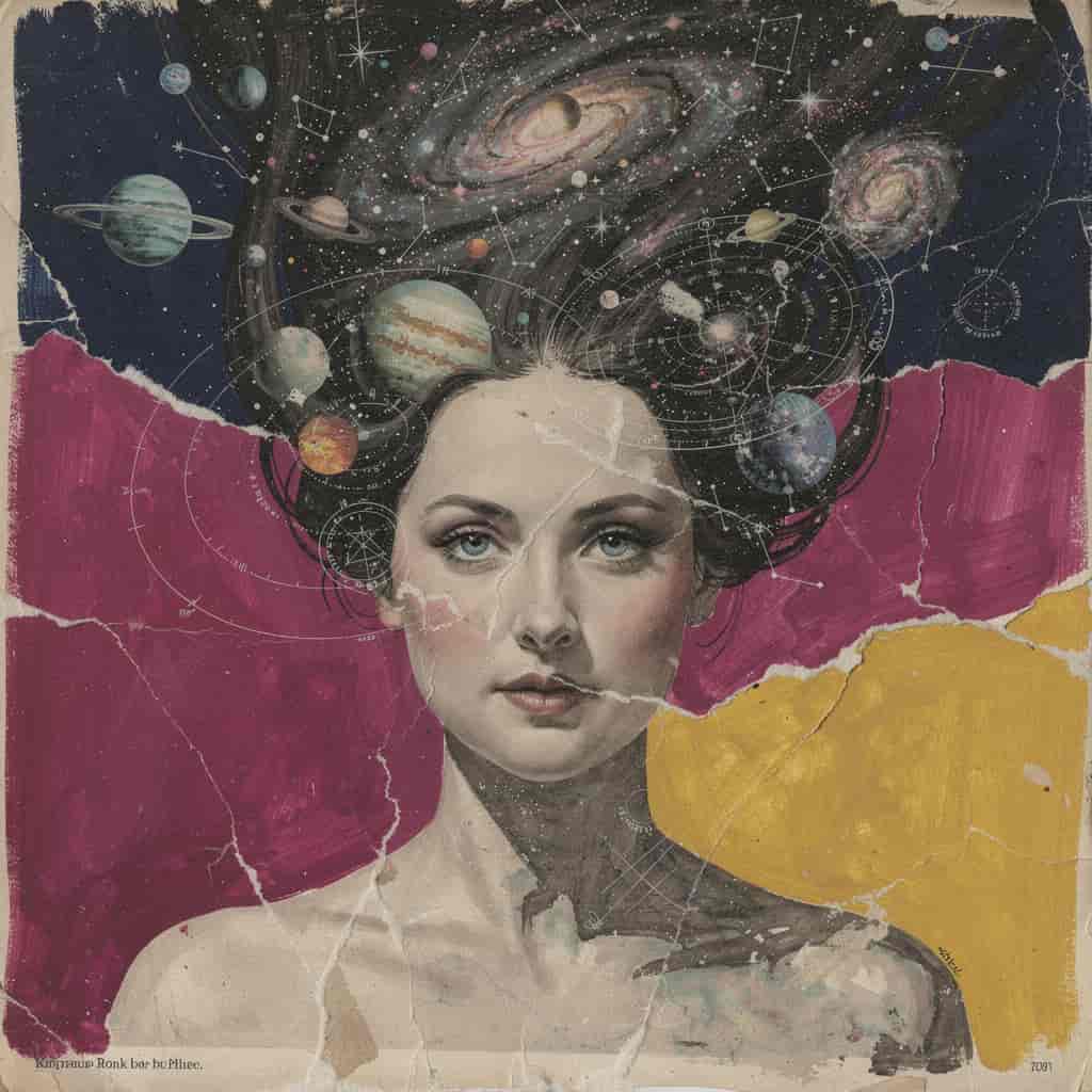 Surreal mixed-media collage combining vintage magazine cutouts with painted celestial elements—plane