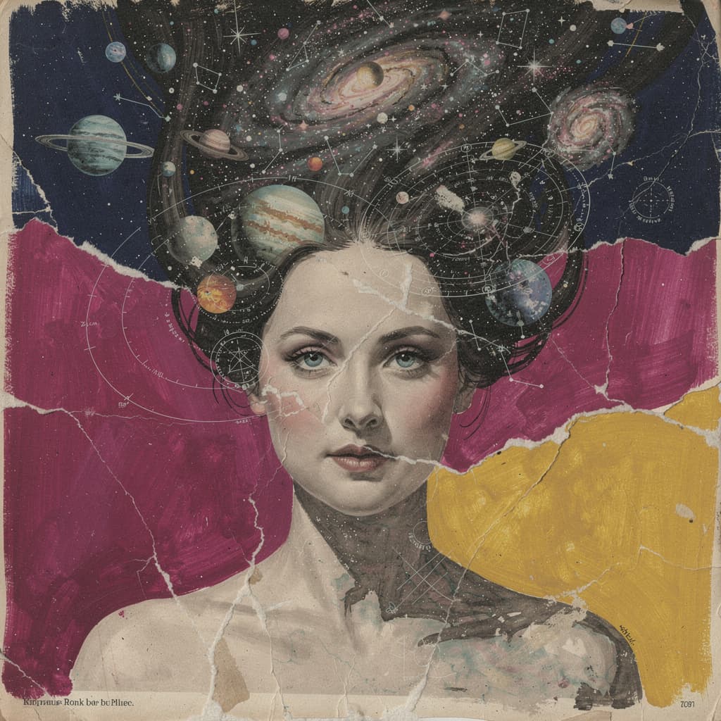 Surreal mixed-media collage combining vintage magazine cutouts with painted celestial elements—plane