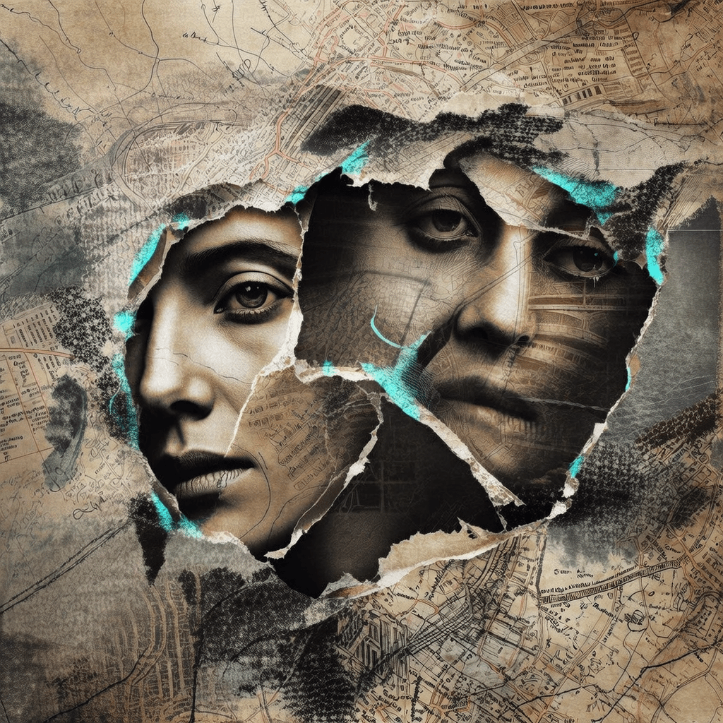 Surreal mixed-media collage depicting human faces merging with layers of city maps: torn paper edges