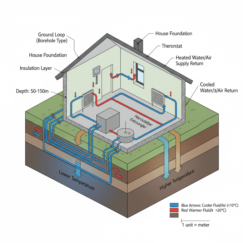 Technical cross-sectional vector diagram of a residential geothermal heating system: labeled ground
