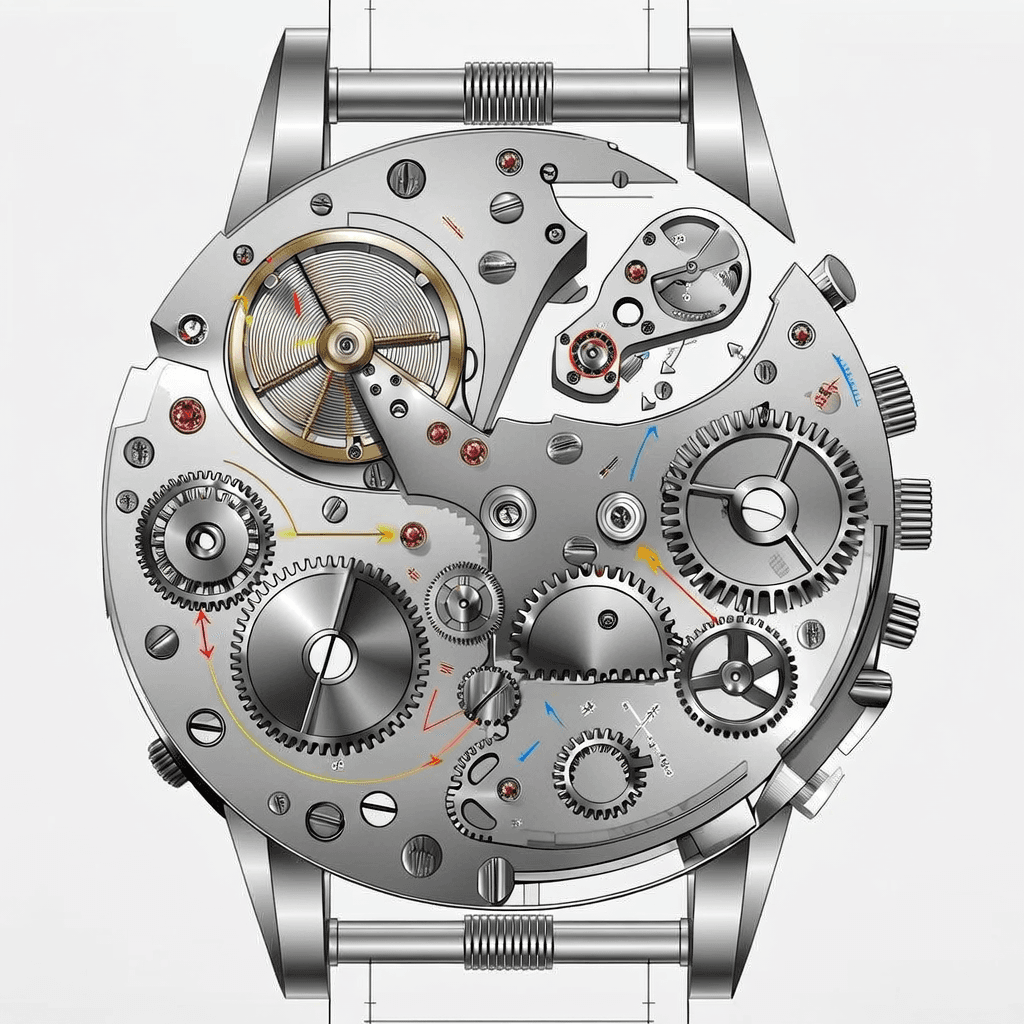 Technical cutaway schematic of a mechanical wristwatch movement in clean vector style: exploded view