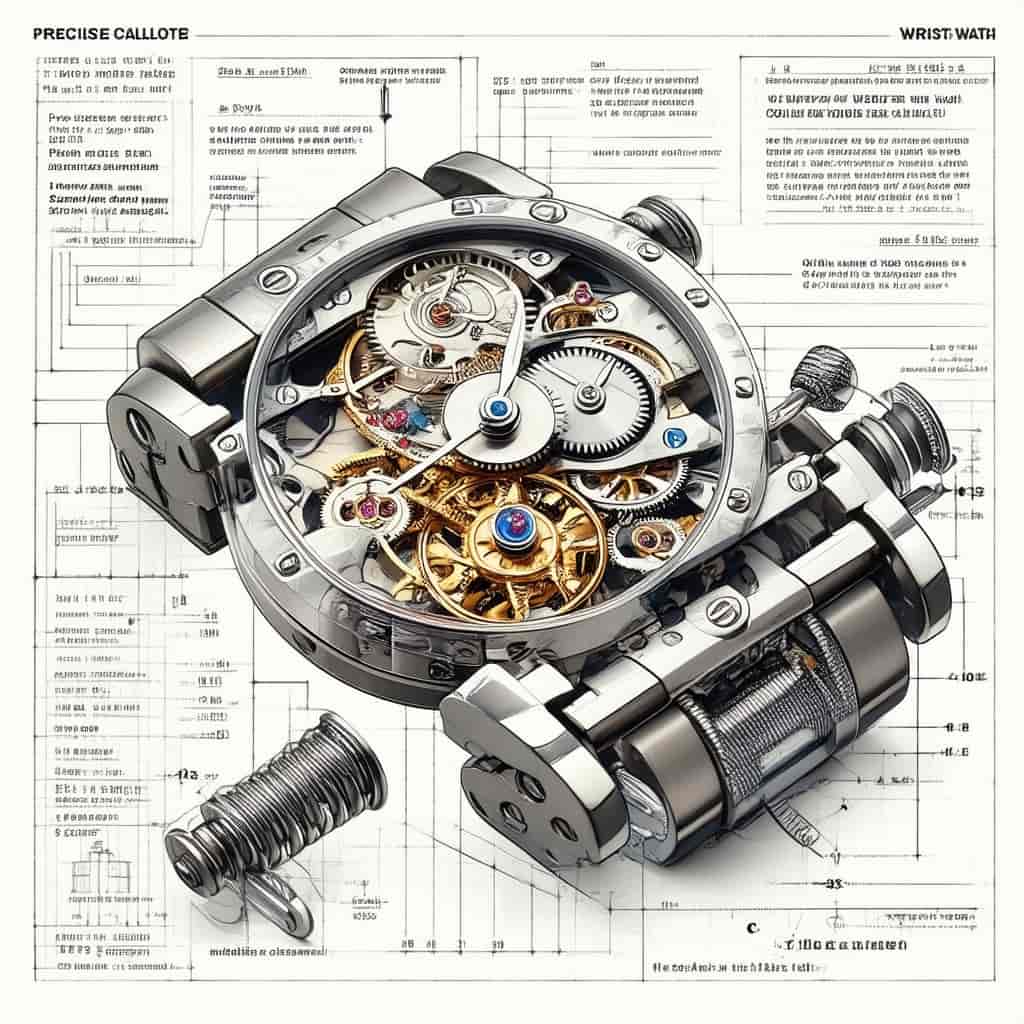 Technical engineering diagram: exploded isometric view of a mechanical wristwatch movement with gear