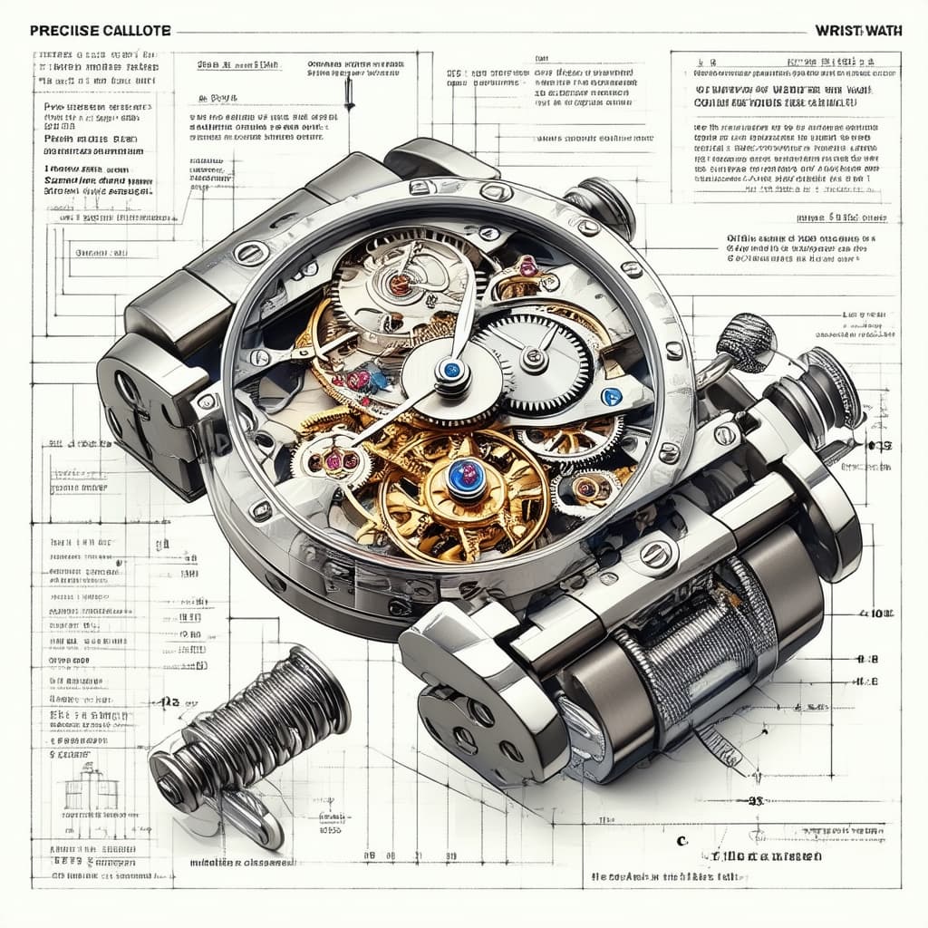 Technical engineering diagram: exploded isometric view of a mechanical wristwatch movement with gear