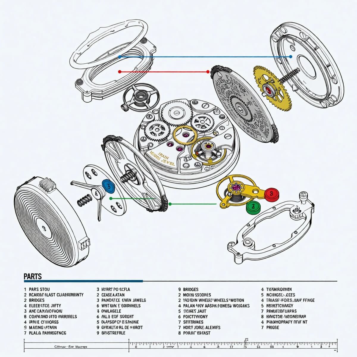 Technical exploded axonometric diagram of a mechanical wristwatch movement with gears, escapement, m