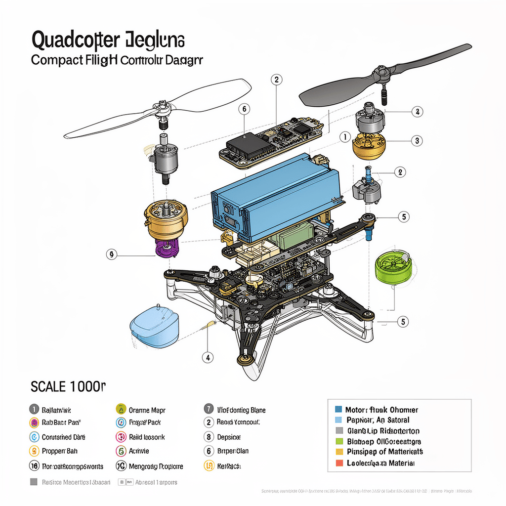 Technical exploded-view diagram of a compact quadcopter drone: vector-style line art and colored com
