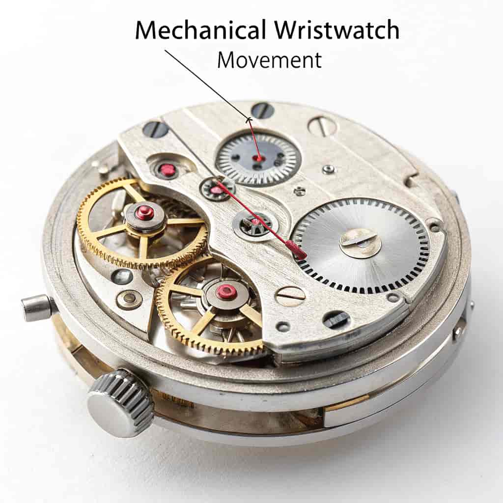 Technical exploded-view diagram of a mechanical wristwatch movement, isometric perspective with each