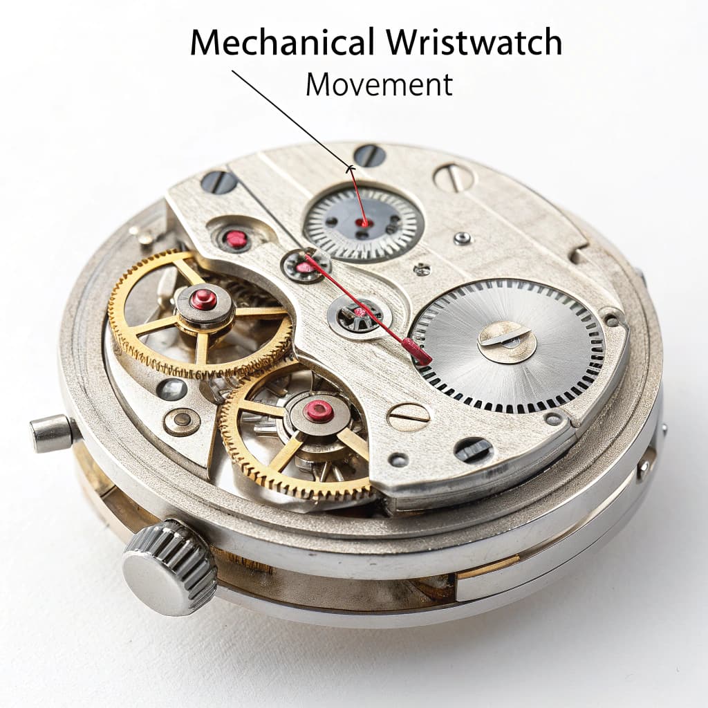 Technical exploded-view diagram of a mechanical wristwatch movement, isometric perspective with each