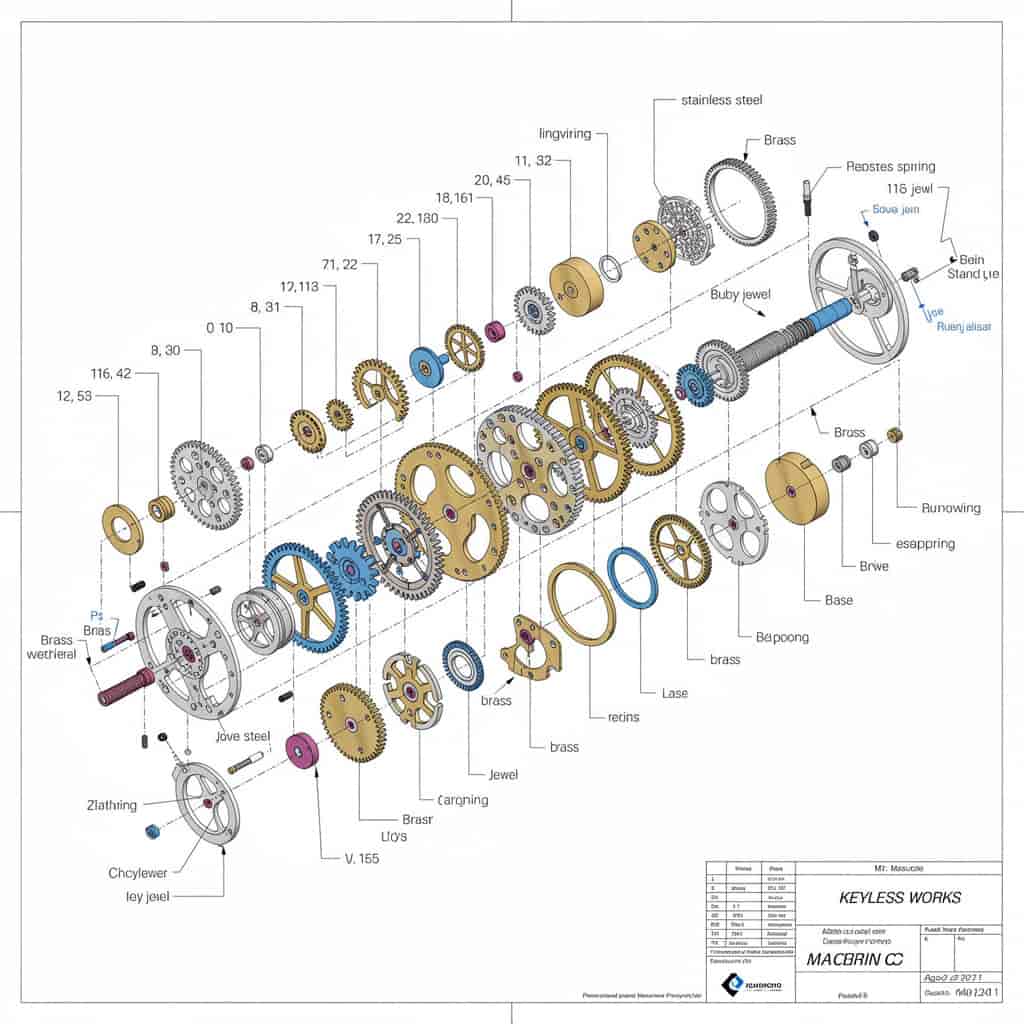 Technical exploded-view diagram of a mechanical wristwatch movement with each gear and spring separa