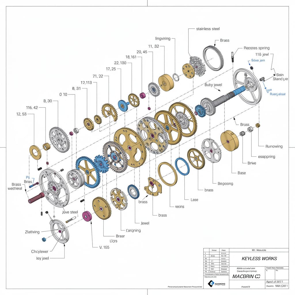 Technical exploded-view diagram of a mechanical wristwatch movement with each gear and spring separa