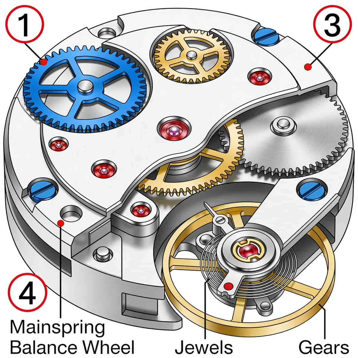 Technical exploded-view illustration of a mechanical wristwatch movement: gears, mainspring, balance