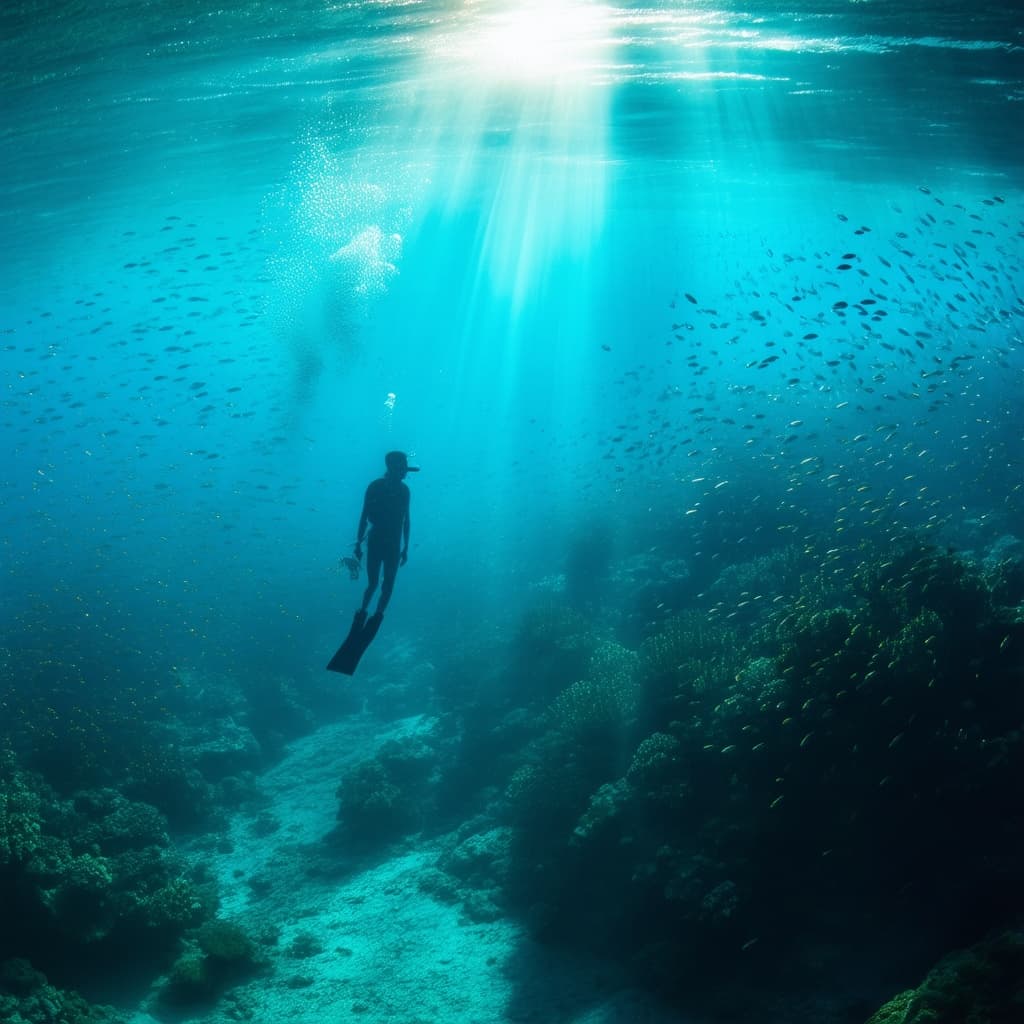 Underwater photography of a freediver silhouetted beneath shafts of sunlight in turquoise water abov