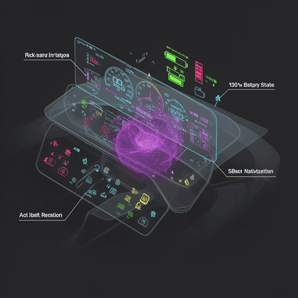 User interface mockup and isometric technical diagram of a futuristic vehicle dashboard: layered AR