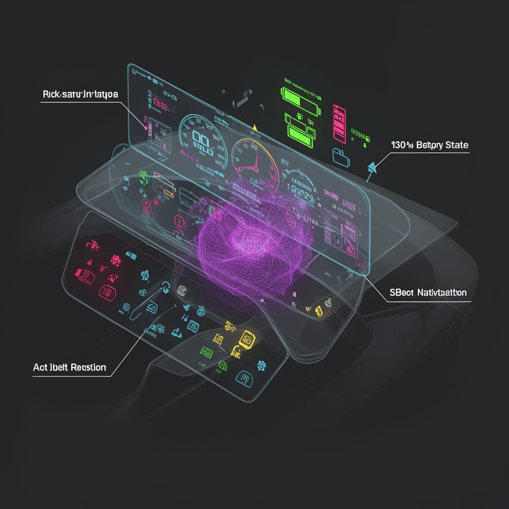 User interface mockup and isometric technical diagram of a futuristic vehicle dashboard: layered AR