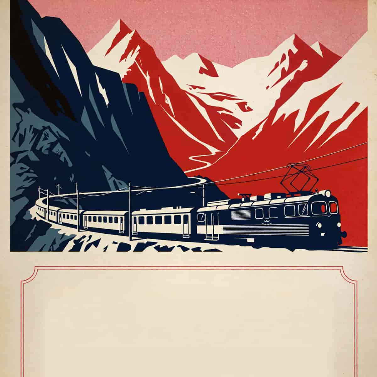 Vintage travel poster style illustration in mid-century graphic design promoting scenic train routes
