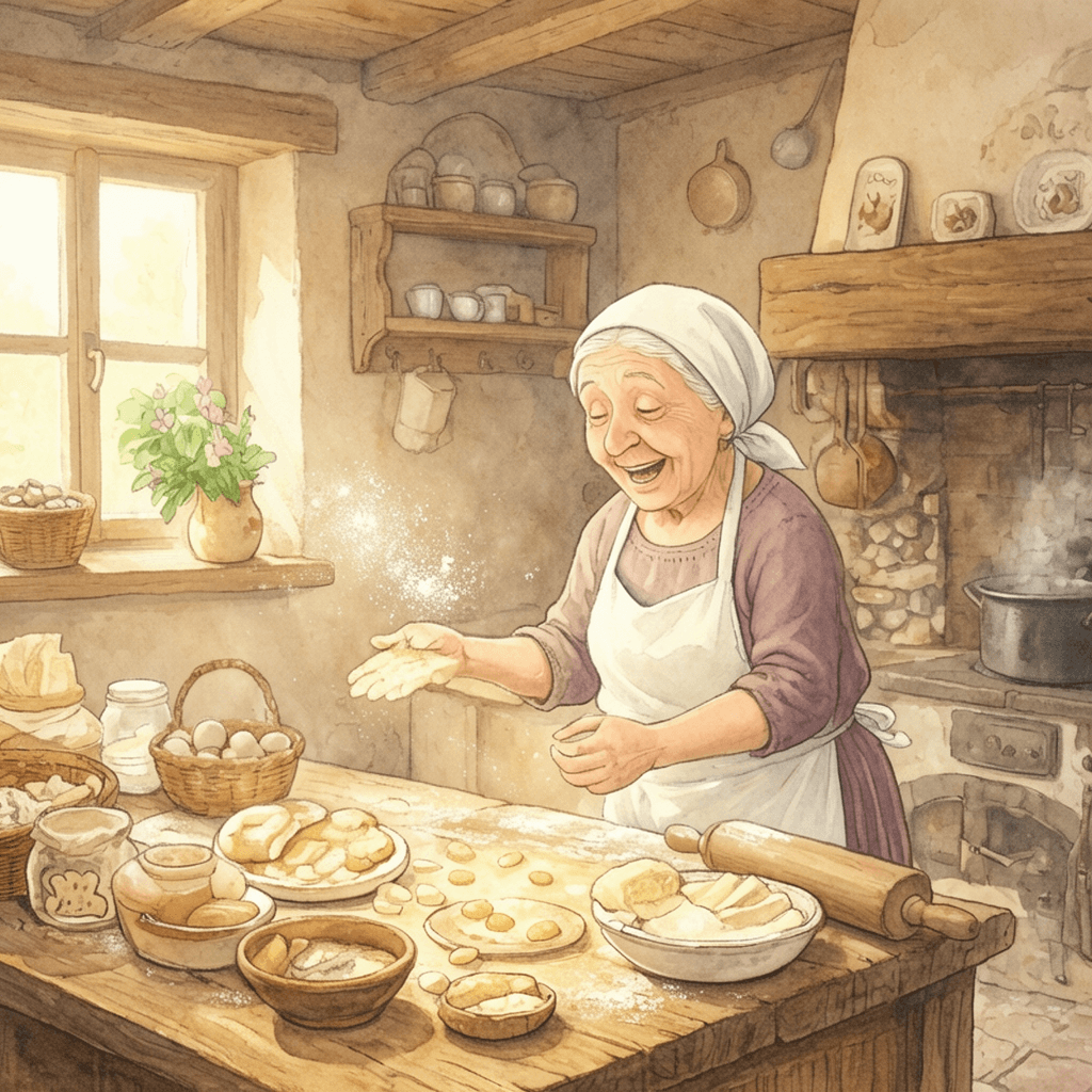 Warm, whimsical children's book illustration of an elderly woman baking in a cozy rustic kitchen, ha