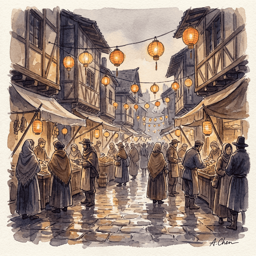 Watercolor street scene illustration of a bustling old-city market at dusk, paper lanterns glowing,