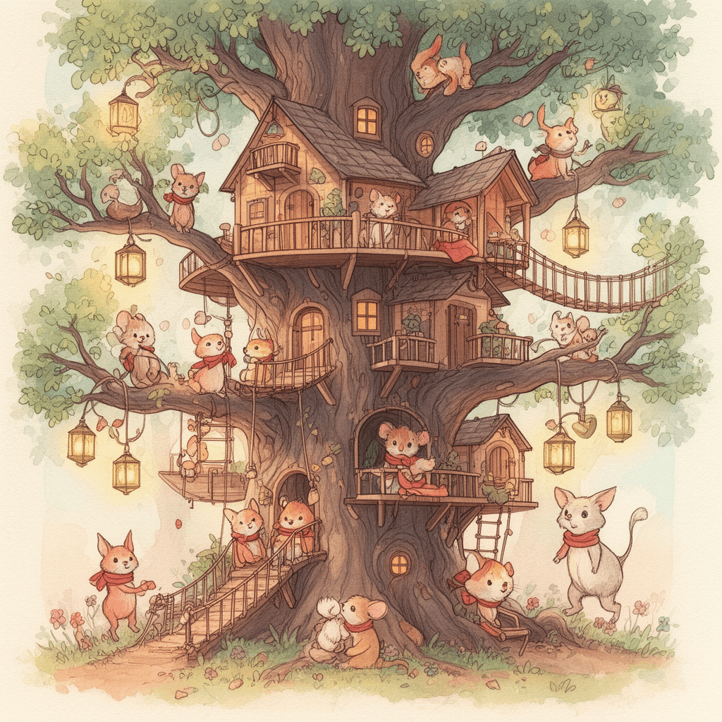 Whimsical children's book illustration in watercolor and ink: multi-level treehouse village built in