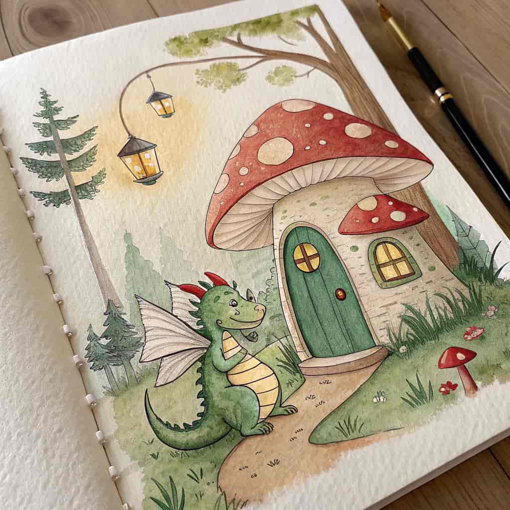 Whimsical watercolor illustration for a children's book: a tiny emerald dragon curled around a mushr