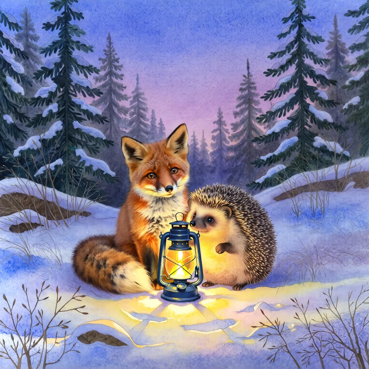 Whimsical watercolor illustration for a children's book of a small fox and a hedgehog sharing a glow