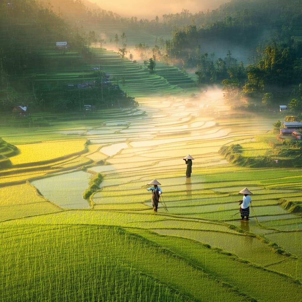 Wide aerial drone photograph at golden hour of terraced rice fields with farmers in conical hats, mi