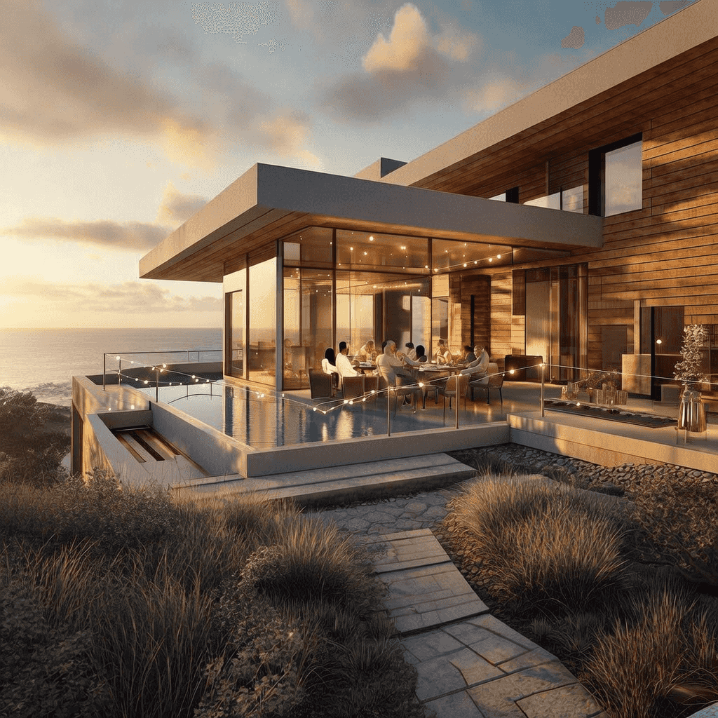Wide-angle architectural visualization exterior of a contemporary coastal villa at golden hour, expa