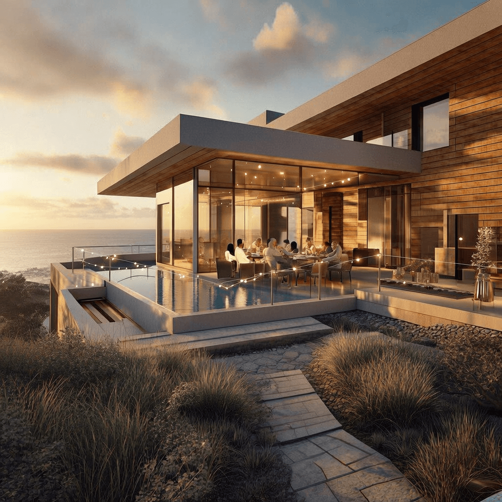 Wide-angle architectural visualization exterior of a contemporary coastal villa at golden hour, expa